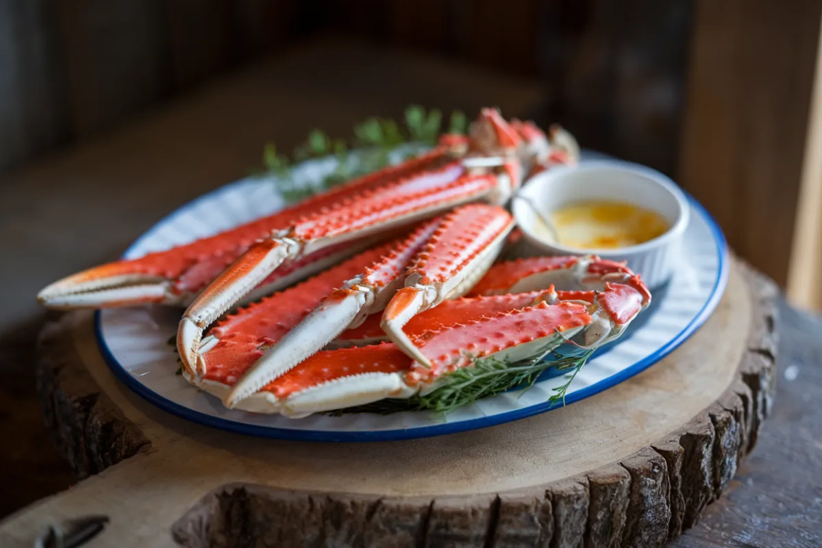 A delicious plate of freshly cooked snow crab legs served with lemon wedges and a side of melted butter.