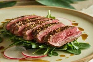 Close-up of shaved steak on a cutting board with various vegetables and seasonings, ready to be cooked into a delicious meal.