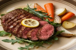 Close-up of shaved steak on a cutting board with various vegetables and seasonings, ready to be cooked into a delicious meal.