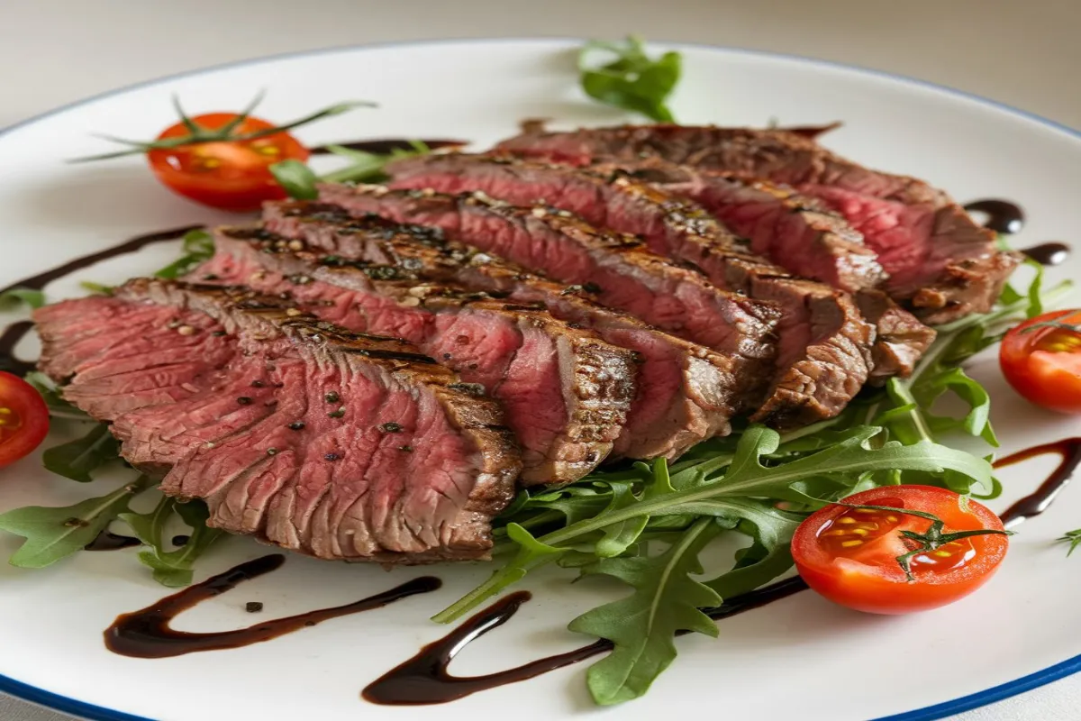 Close-up of shaved steak on a cutting board with various vegetables and seasonings, ready to be cooked into a delicious meal.