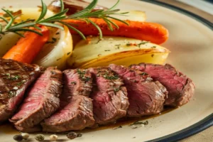 Close-up of shaved steak on a cutting board with various vegetables and seasonings, ready to be cooked into a delicious meal.