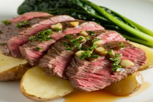 "Raw shaved steak on a cutting board with a knife and paper towel, demonstrating proper preparation techniques without washing.