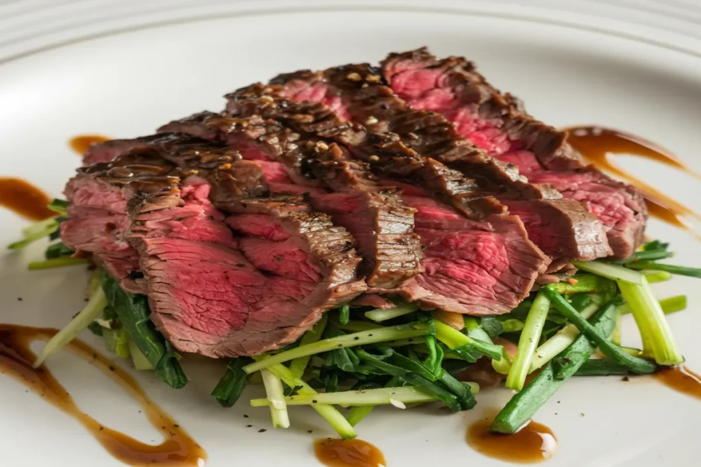 "Raw shaved steak on a cutting board with a knife and paper towel, demonstrating proper preparation techniques without washing.