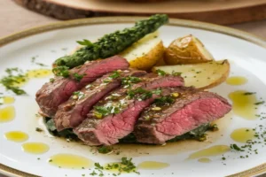 "Raw shaved steak on a cutting board with a knife and paper towel, demonstrating proper preparation techniques without washing.