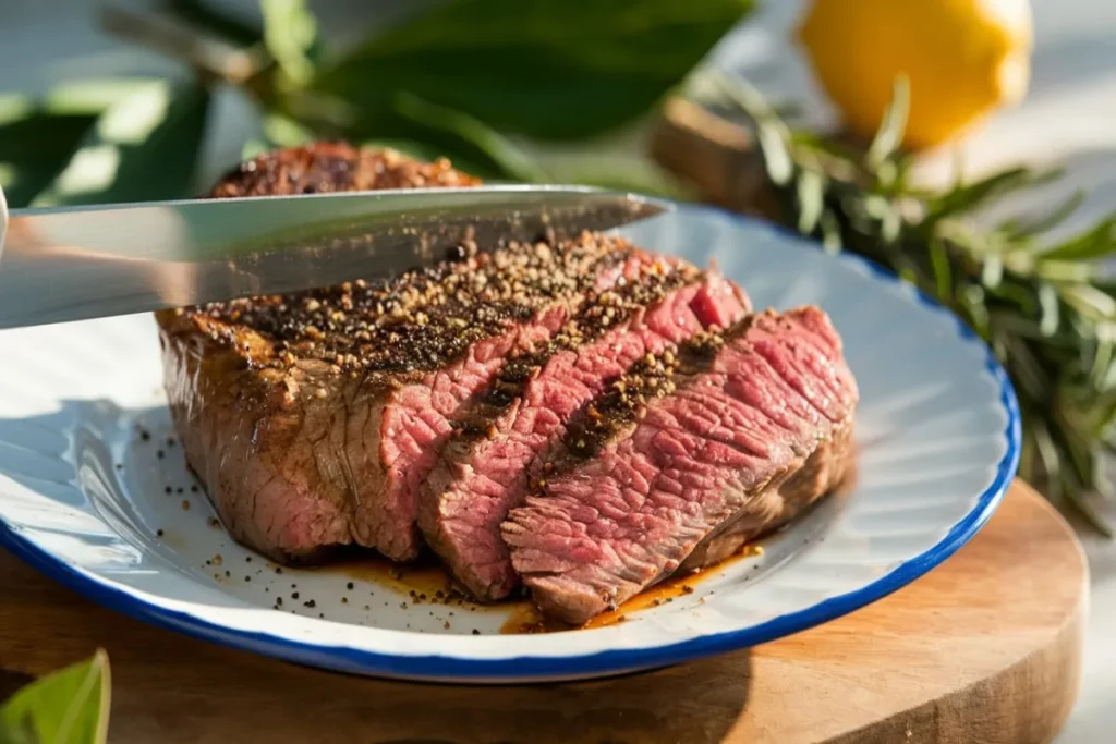 Chef slicing a chilled ribeye steak thinly on a cutting board for shaved steak preparation.