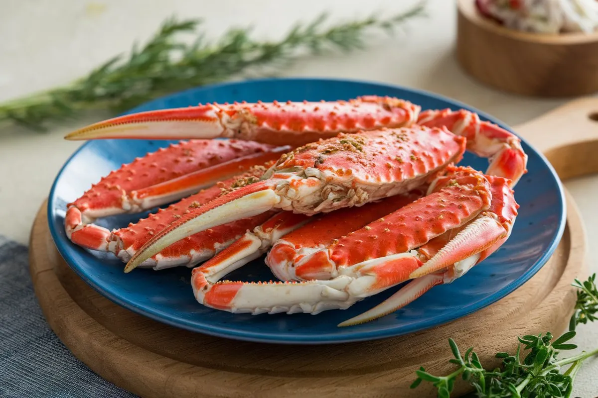 Delicious frozen snow crab legs steamed and served with melted butter and lemon wedges on a plate.