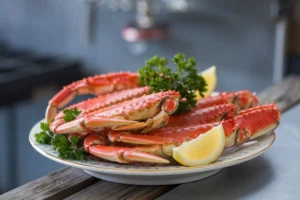 Delicious frozen snow crab legs steamed and served with melted butter and lemon wedges on a plate.