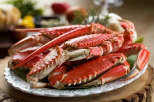 Perfectly cooked crab legs served with lemon wedges and melted butter on a plate