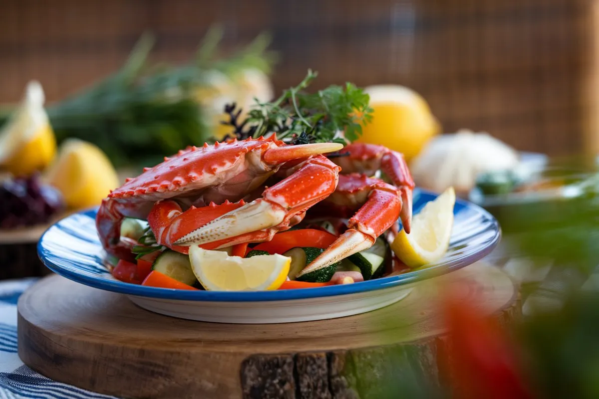 Perfectly cooked crab legs served with lemon wedges and melted butter on a plate