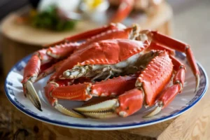 Perfectly cooked crab legs served with lemon wedges and melted butter on a plate