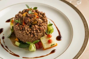 A skillet of finely cooked ground beef with a wooden spoon breaking up the meat into small, even crumbles.