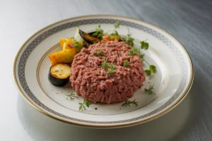 A skillet of finely cooked ground beef with a wooden spoon breaking up the meat into small, even crumbles.