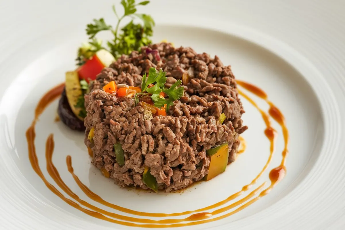 A skillet of finely cooked ground beef with a wooden spoon breaking up the meat into small, even crumbles.