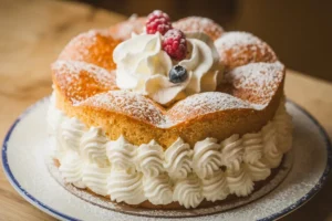 French gâteau, a traditional cake with layers of sponge and strawberries, showcasing French patisserie.