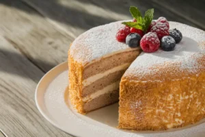 French gâteau, a traditional cake with layers of sponge and strawberries, showcasing French patisserie.