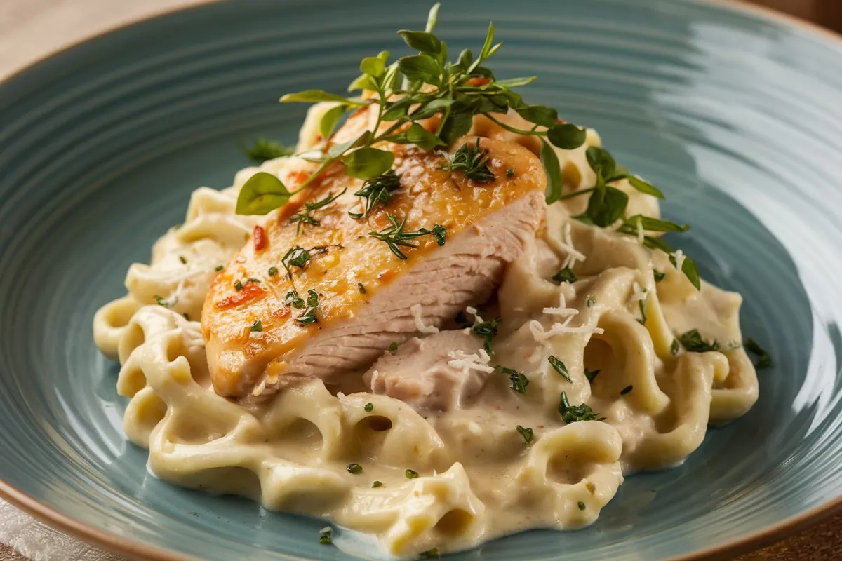 Plate of creamy Chicken Alfredo pasta topped with Parmesan and garnished with parsley