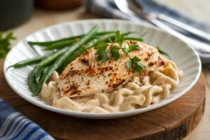 Plate of creamy Chicken Alfredo pasta topped with Parmesan and garnished with parsley