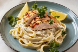 Plate of creamy Chicken Alfredo pasta topped with Parmesan and garnished with parsley