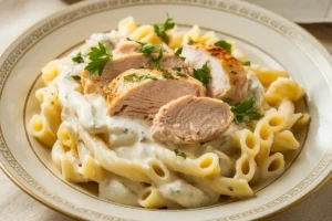 Plate of creamy Chicken Alfredo pasta topped with Parmesan and garnished with parsley