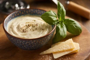 A creamy Alfredo sauce in a pan with added herbs, spices, and vegetables, showcasing ways to enhance its flavor.