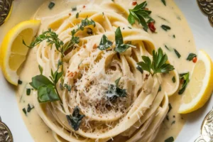 A creamy Alfredo sauce in a pan with added herbs, spices, and vegetables, showcasing ways to enhance its flavor.