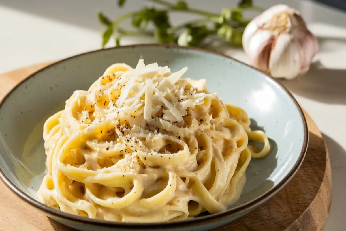 A creamy Alfredo sauce in a pan with added herbs, spices, and vegetables, showcasing ways to enhance its flavor.