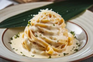 A creamy Alfredo sauce in a pan with added herbs, spices, and vegetables, showcasing ways to enhance its flavor.