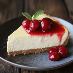 Creamy Philadelphia cheesecake topped with fresh berries and caramel drizzle