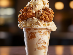 Fried chicken ice cream dessert featuring a crispy cornflake coating and vanilla ice cream, resembling a fried chicken drumstick.