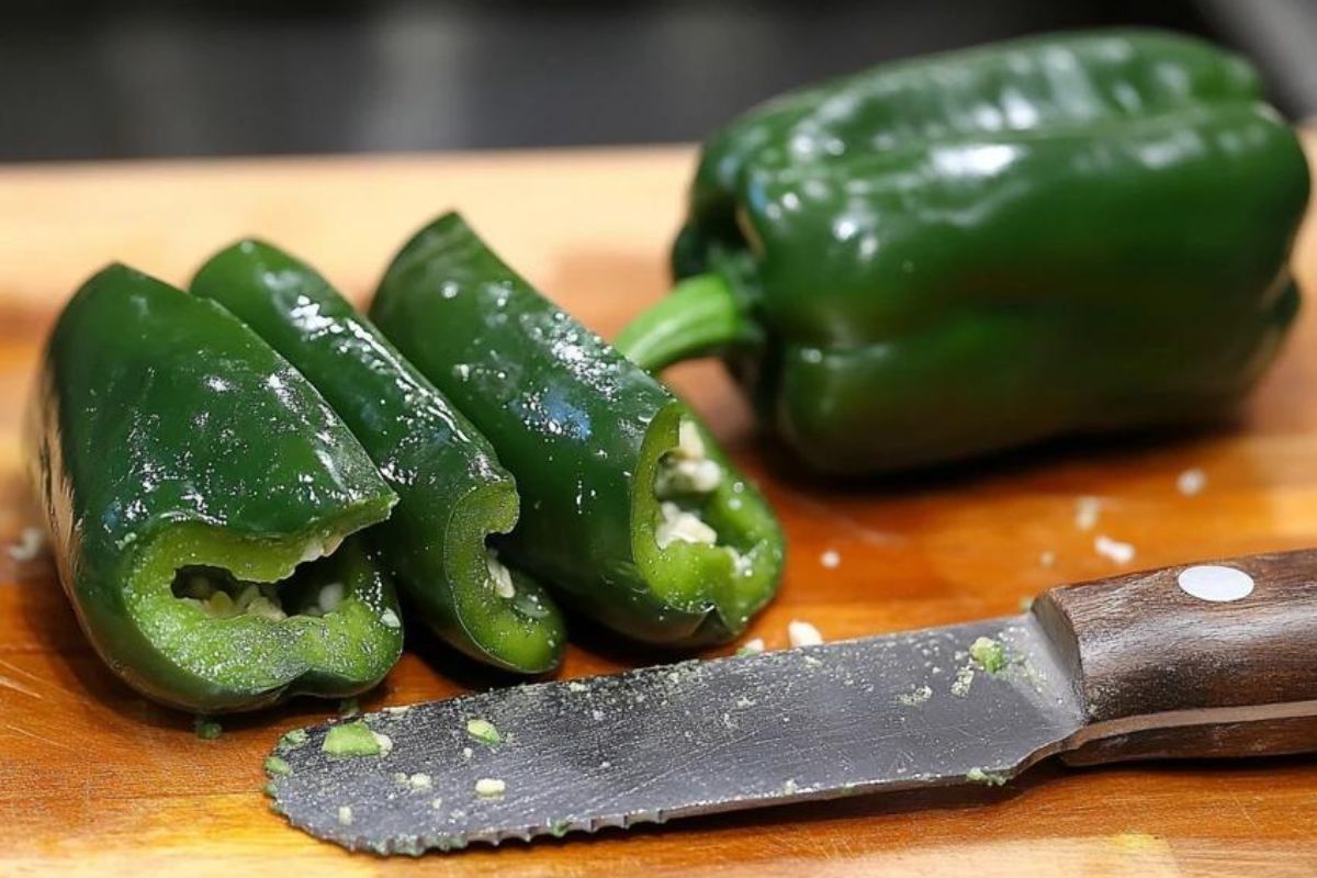 A set of essential tools including a paring knife, tongs, and spoon used for preparing and stuffing poblano peppers.