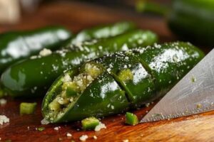 A set of essential tools including a paring knife, tongs, and spoon used for preparing and stuffing poblano peppers.

