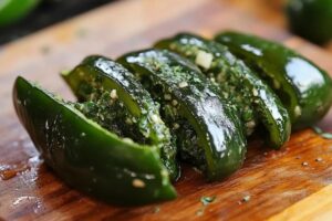 A set of essential tools including a paring knife, tongs, and spoon used for preparing and stuffing poblano peppers.

