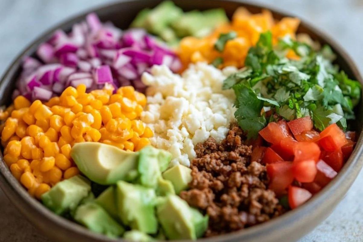 A refreshing margarita served alongside a taco bowl with guacamole, cilantro, and a wedge of lime.