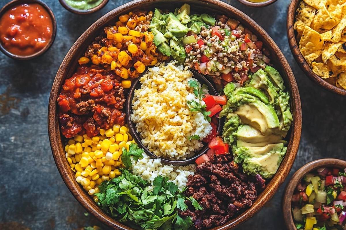 "Taco bowl ingredients including ground beef, rice, beans, cheese, salsa, and guacamole in a colorful bowl"