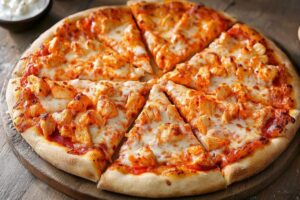 A close-up of Domino's Buffalo Chicken Pizza with grilled chicken, melted cheese, and spicy buffalo sauce on a golden crust.

