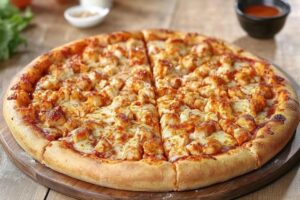 A close-up of Domino's Buffalo Chicken Pizza with grilled chicken, melted cheese, and spicy buffalo sauce on a golden crust.

