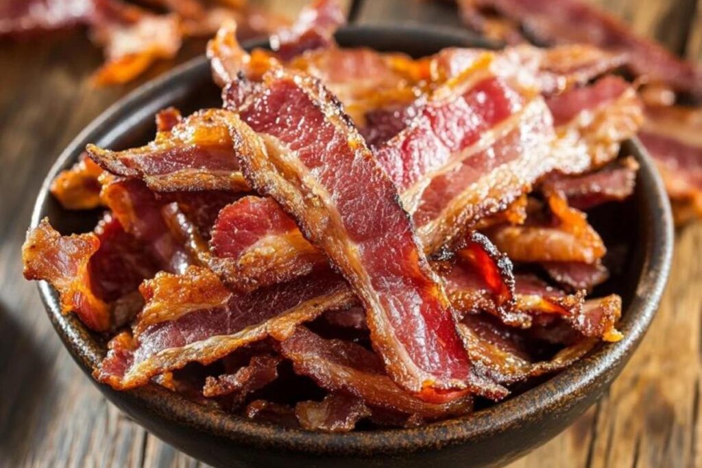 Crispy beef bacon strips cooked using different methods showcasing rich texture and smoky flavor.