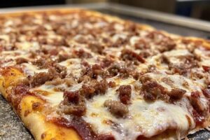 buffalo pizza with thick crust and cup-and-char pepperoni beside Detroit-style pizza with crispy cheese edges and tangy sauce