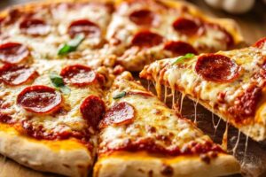 buffalo pizza with thick crust and cup-and-char pepperoni beside Detroit-style pizza with crispy cheese edges and tangy sauce