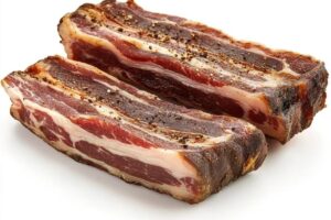 "Beef bacon slices on a wooden cutting board, highlighting the differences between beef and pork bacon."
