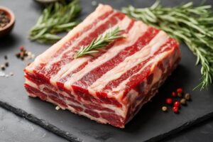 "Beef bacon slices on a wooden cutting board, highlighting the differences between beef and pork bacon."
