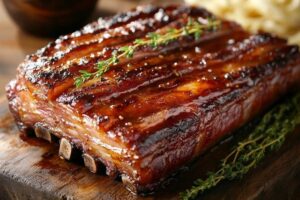 "Beef bacon slices on a wooden cutting board, highlighting the differences between beef and pork bacon."
