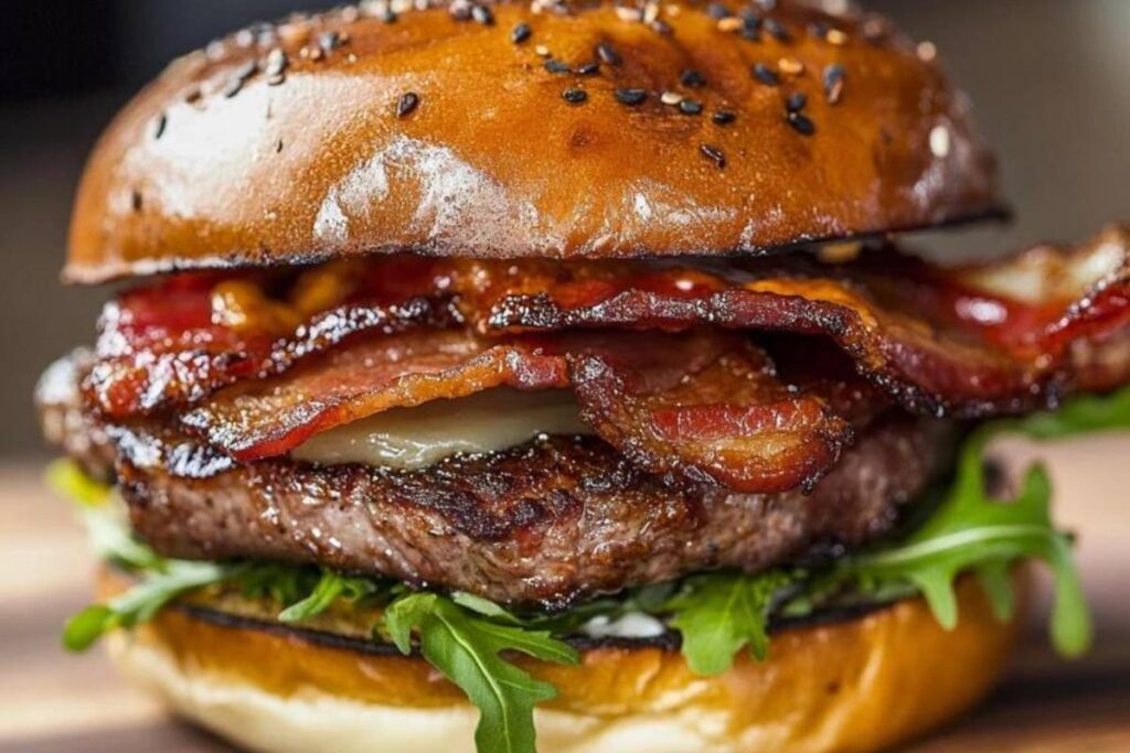 "Beef bacon slices on a wooden cutting board, highlighting the differences between beef and pork bacon."