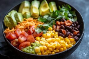 "Taco bowl ingredients including ground beef, rice, beans, cheese, salsa, and guacamole in a colorful bowl"

