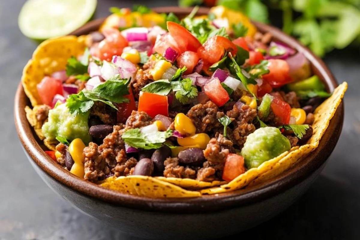 "A colorful taco bowl filled with grilled chicken, beans, rice, lettuce, salsa, and avocado for a balanced meal"