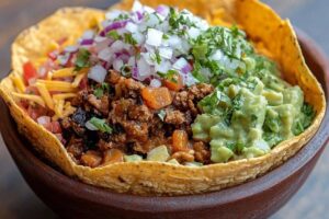 "A colorful taco bowl filled with grilled chicken, beans, rice, lettuce, salsa, and avocado for a balanced meal"

