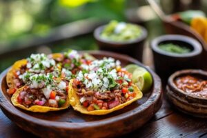 "A colorful taco bowl filled with grilled chicken, beans, rice, lettuce, salsa, and avocado for a balanced meal"

