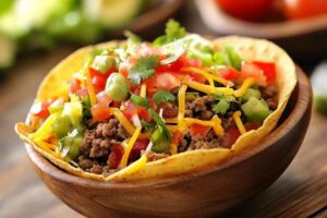 "A colorful taco bowl filled with grilled chicken, beans, rice, lettuce, salsa, and avocado for a balanced meal"

