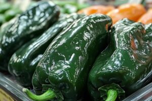 "Fresh poblano peppers on a cutting board, showcasing their nutritional benefits including fiber, vitamins, and low calories"

