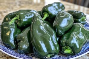 "Fresh poblano peppers on a cutting board, showcasing their nutritional benefits including fiber, vitamins, and low calories"

